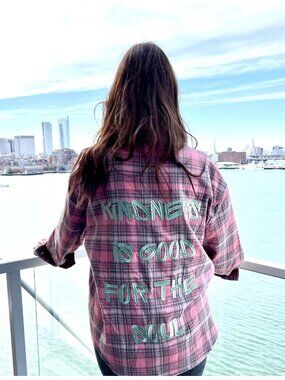 Kindness Is Good For The Soul Pink Plaid Flannel Shirt Embroidered Hearts Lumber